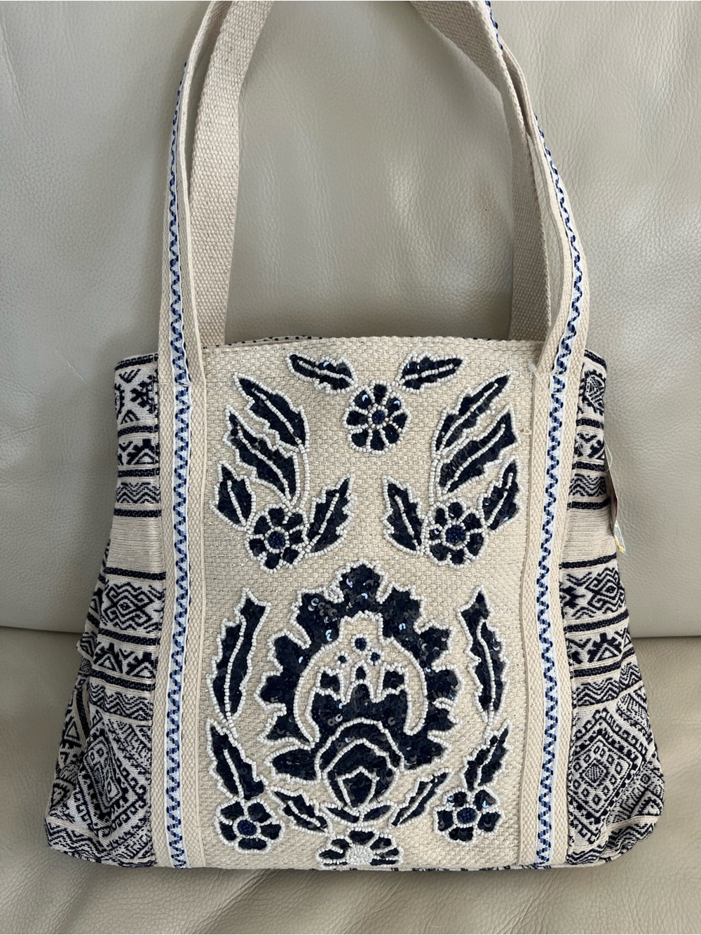 NWT Navy and Ivory Bead-embellished Woven Triple-compartment Tote